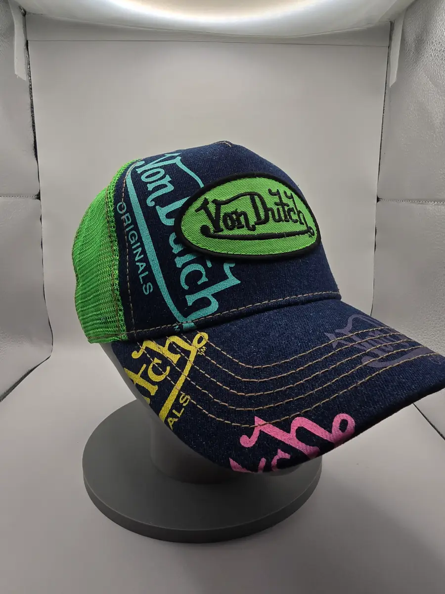 💚 Von Dutch Denim Trucker Cap – Green Mesh – Multicoloured Design – New