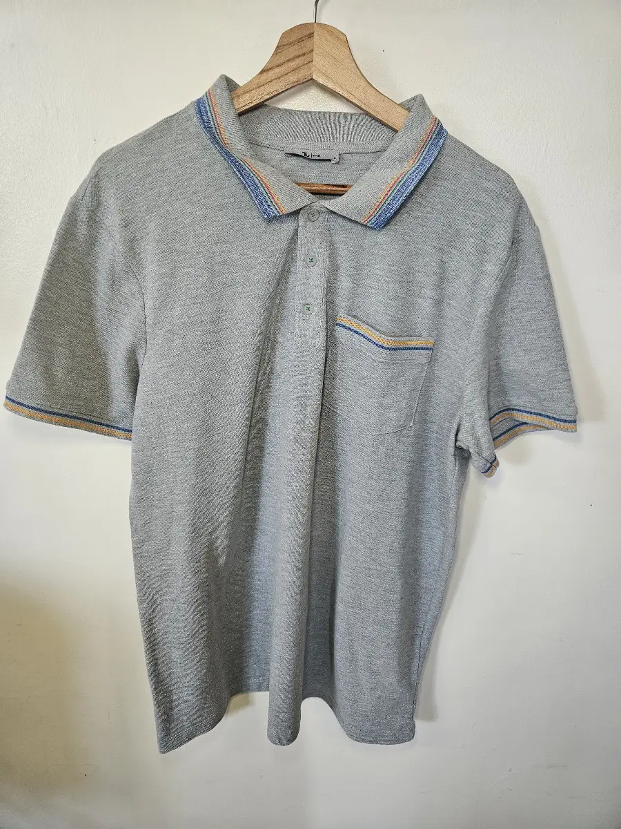 Tu Man grey pique knit polo shirt with rainbow stripe collar trim size large