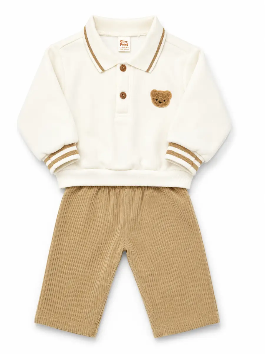 Cozy Pixies Baby Outfit Set 6-9 Months Teddy Bear Detail
