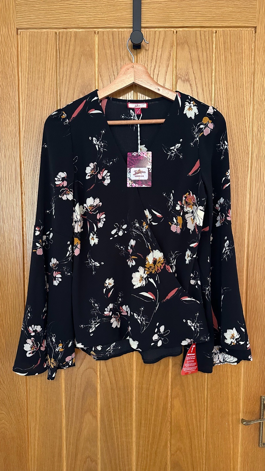 Joe Browns Floral Wrap Style Top Black Trumpet Sleeves Textured Fabric Size 8 UK BNWT