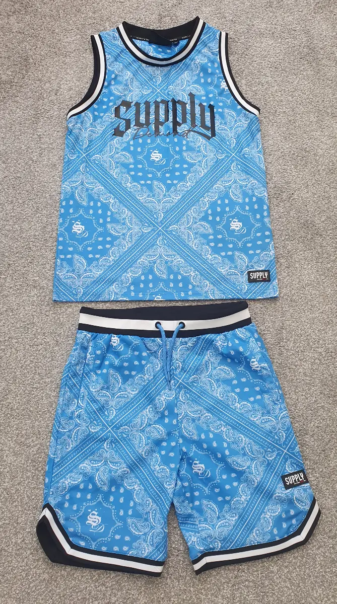 Boys supply and demand light blue and white vest and shorts set EU Age 13-15 Years
