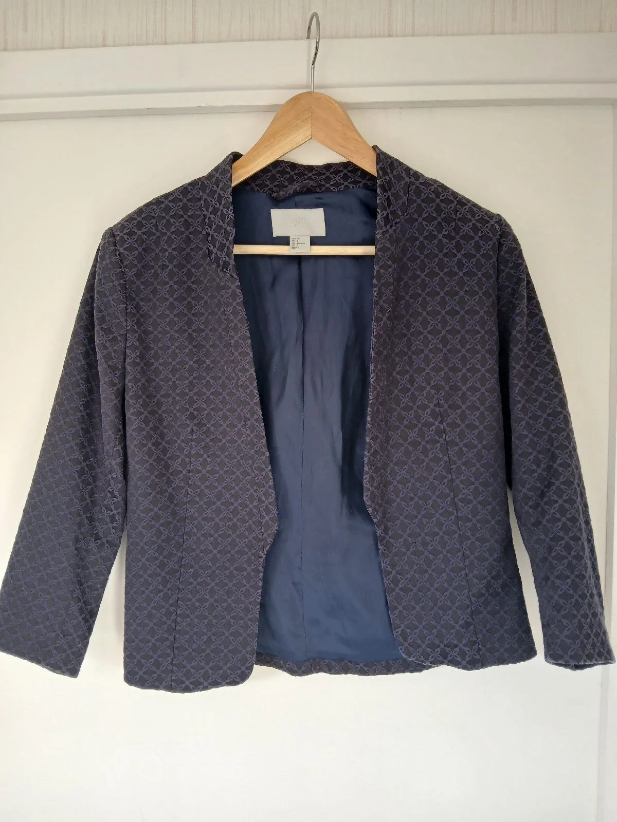 H&M Dark Navy Jacquard Open Front Blazer Jacket Size UK 8 (EUR 36 / US 6)