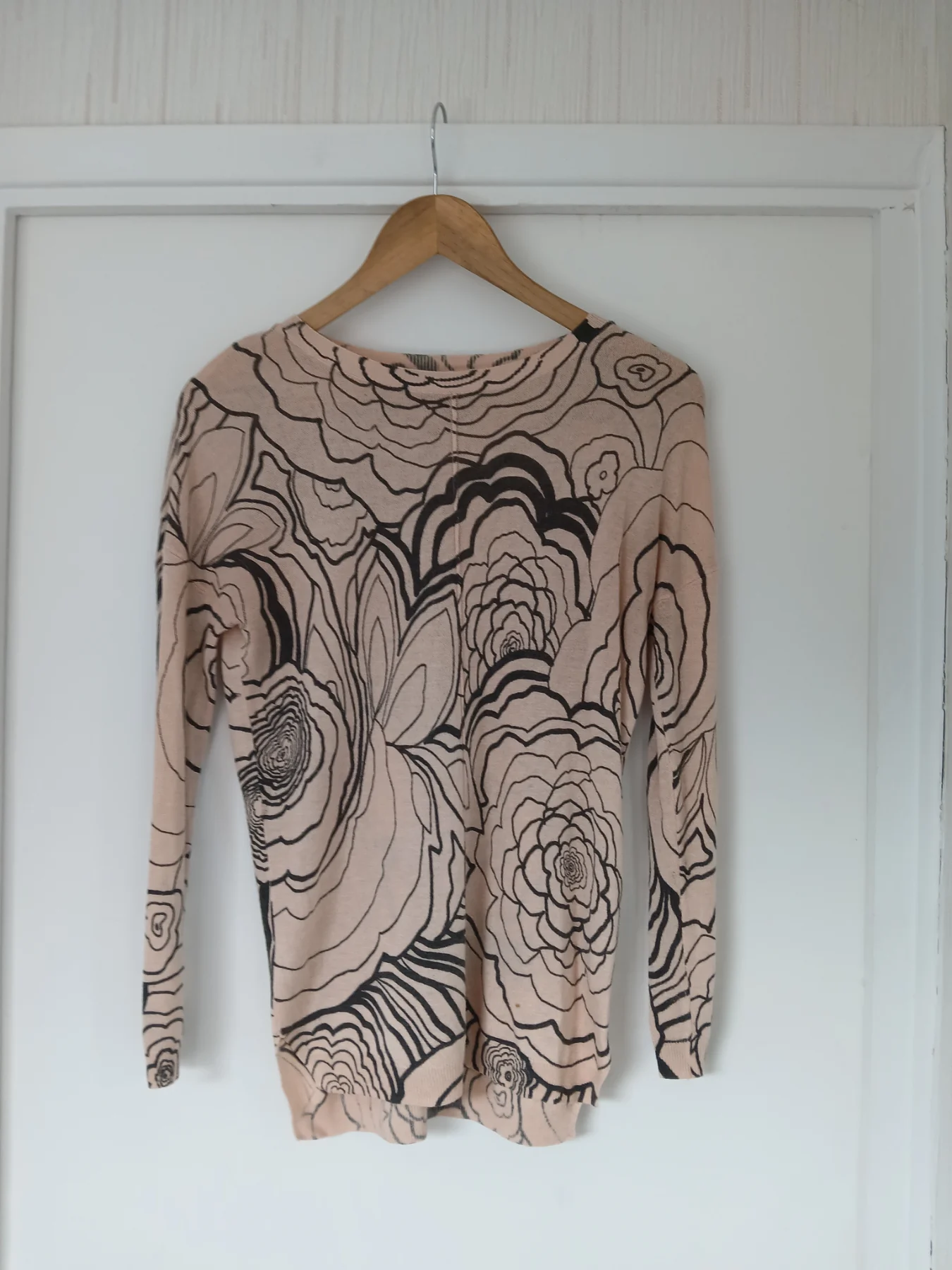 M&S Collection Womens Pink & Black Abstract Floral Fine Knit Jumper Top - Size Small