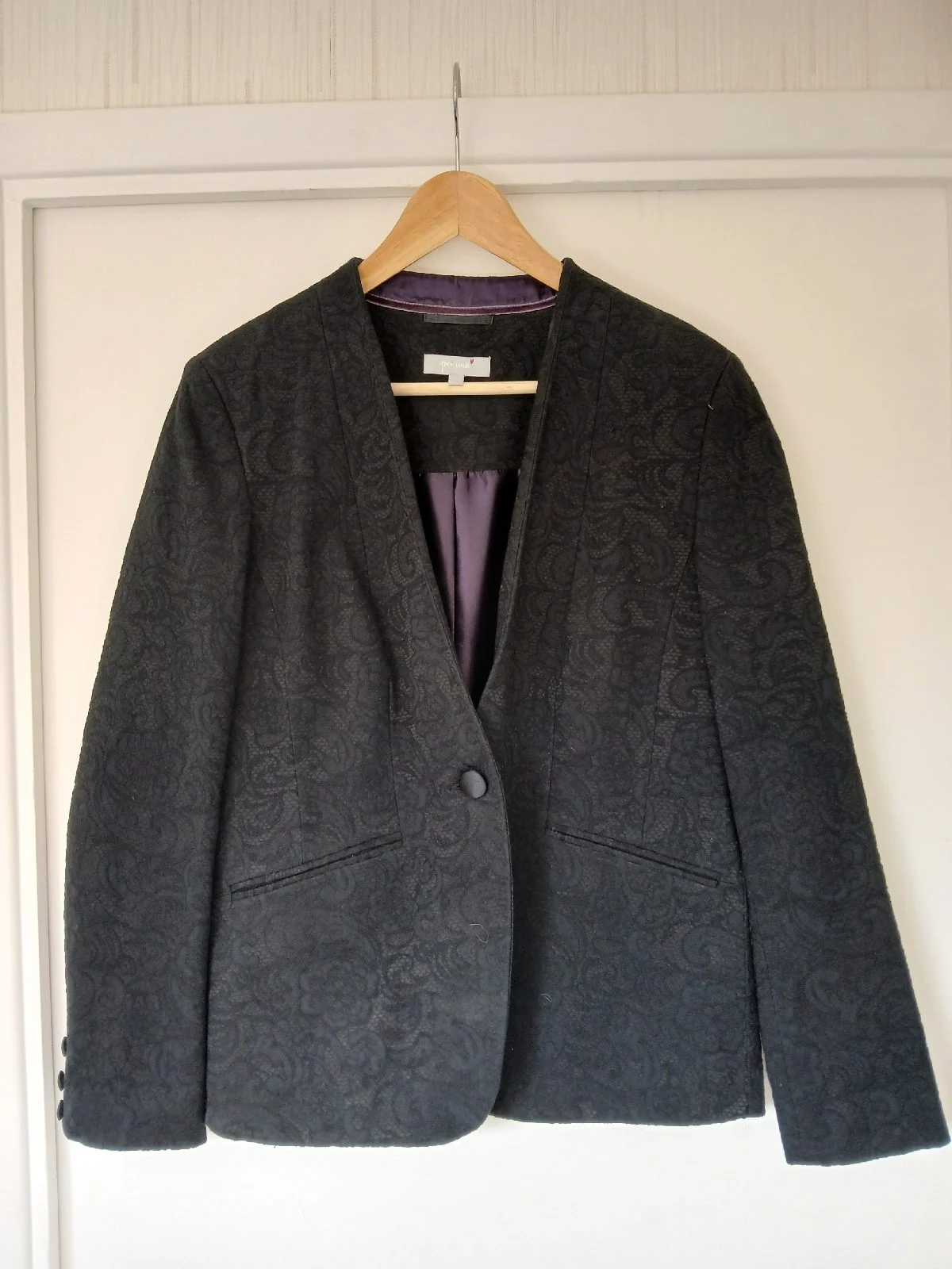 Per Una M&S Black Jacquard Blazer Jacket Size 10 Gothic Dark Academia Satin Lined