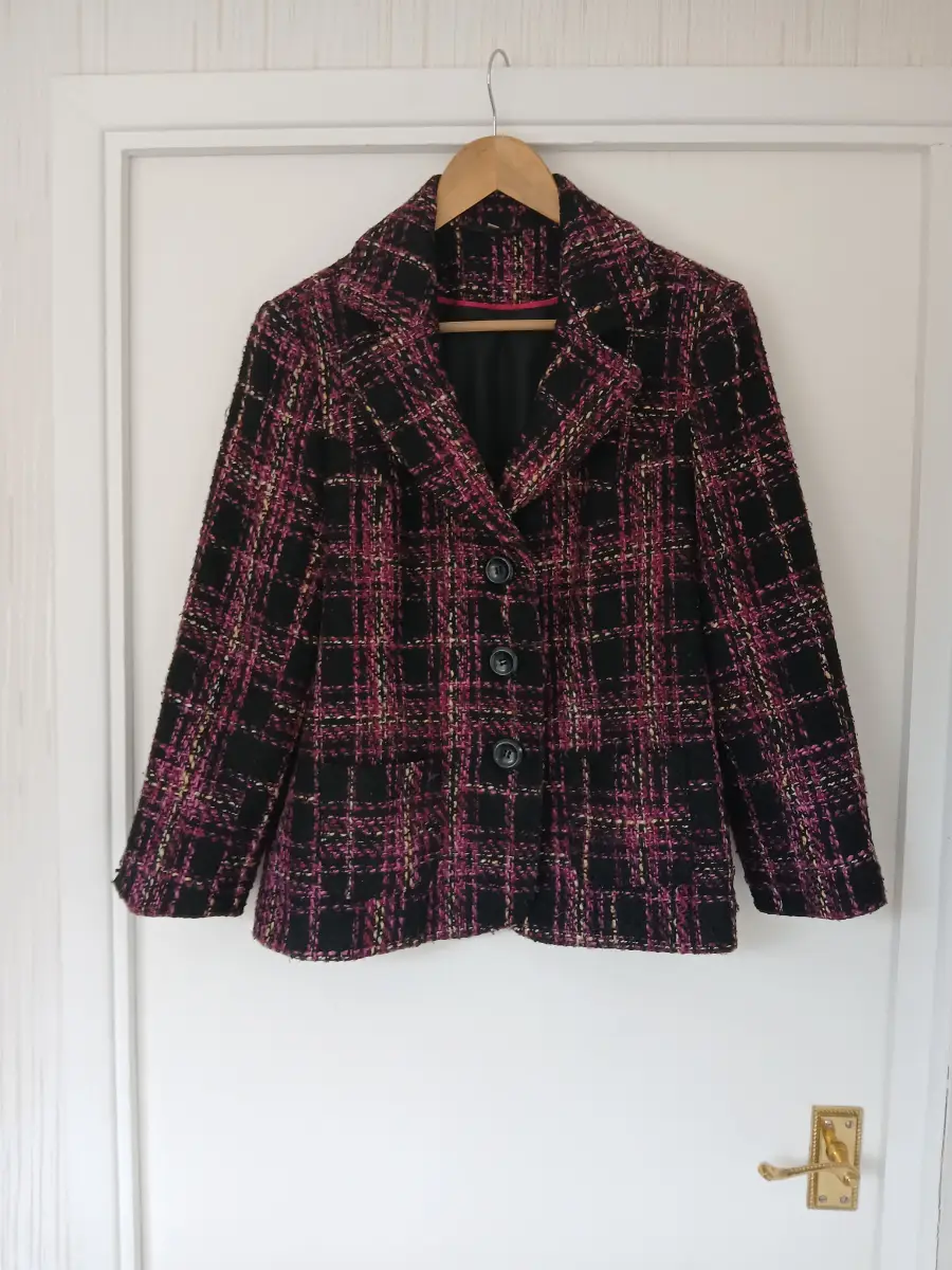 Isle Edinburgh Woollen Mill Pink & Black Tweed Plaid Blazer Jacket Size 16
