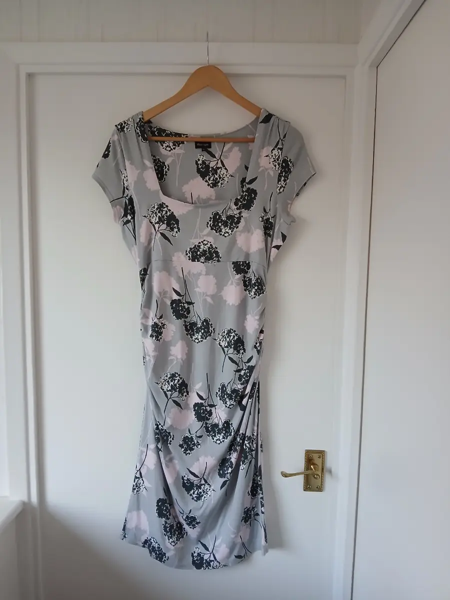 Phase Eight Grey and Pink Floral Ruched Midi Dress Size 14
