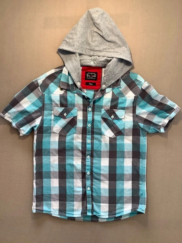 Luke 1977 Men’s Short Sleeve Hooded Checked Shirt Turquoise Blue Size Large