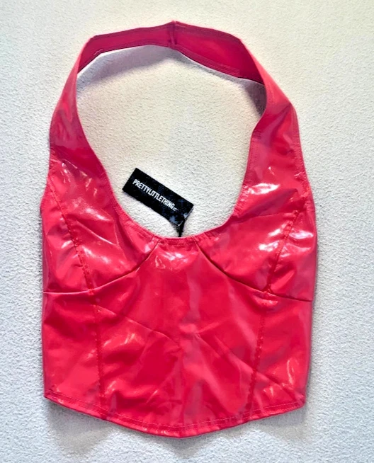 PrettyLittleThing Red Faux Leather Vinyl Halterneck Corset Top Size 8 BNWT