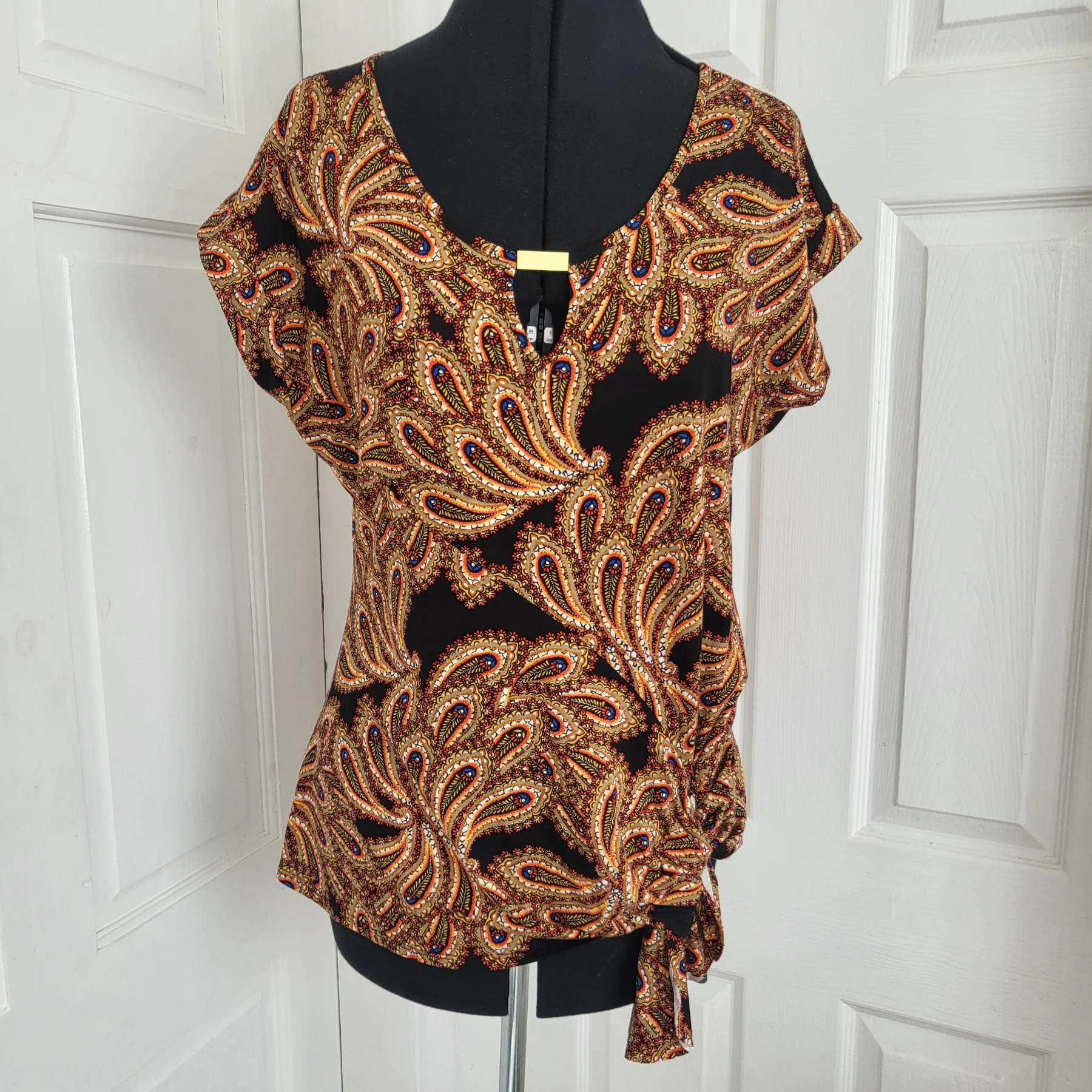 Wallis Brown Orange Paisley Side Tie Knot Top Gold Metal Bar Detail Size 14 UK