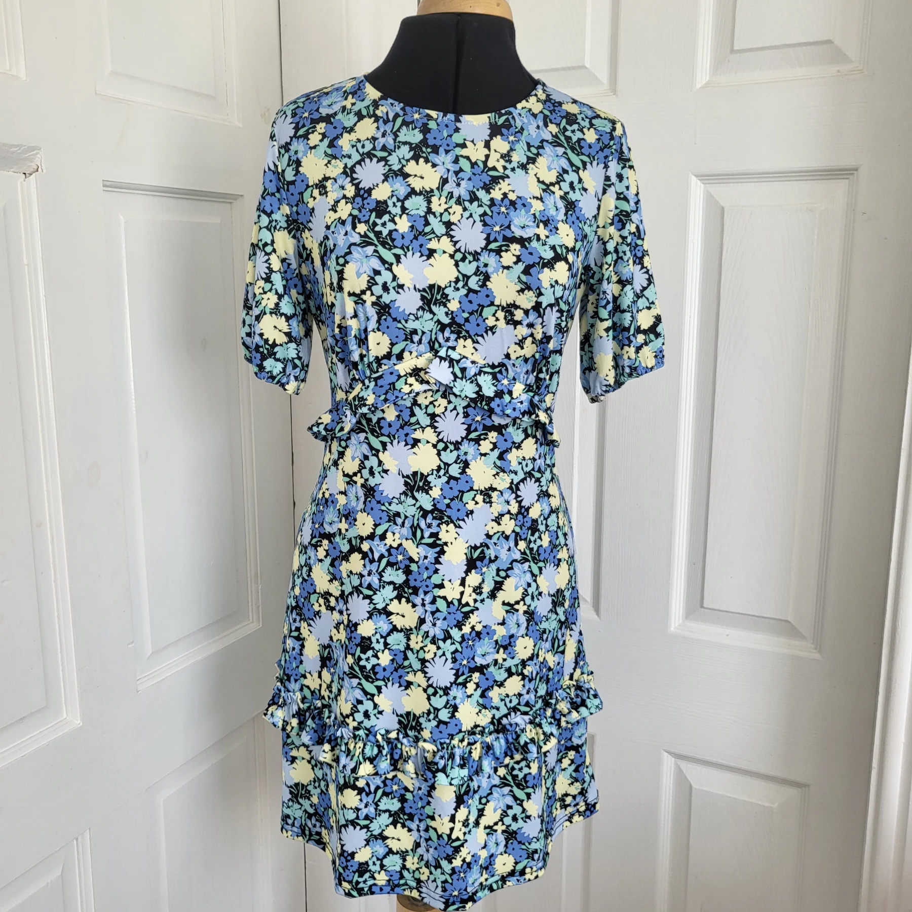 Oasis Blue Floral Tiered Frill Mini Dress Short Sleeve Size S