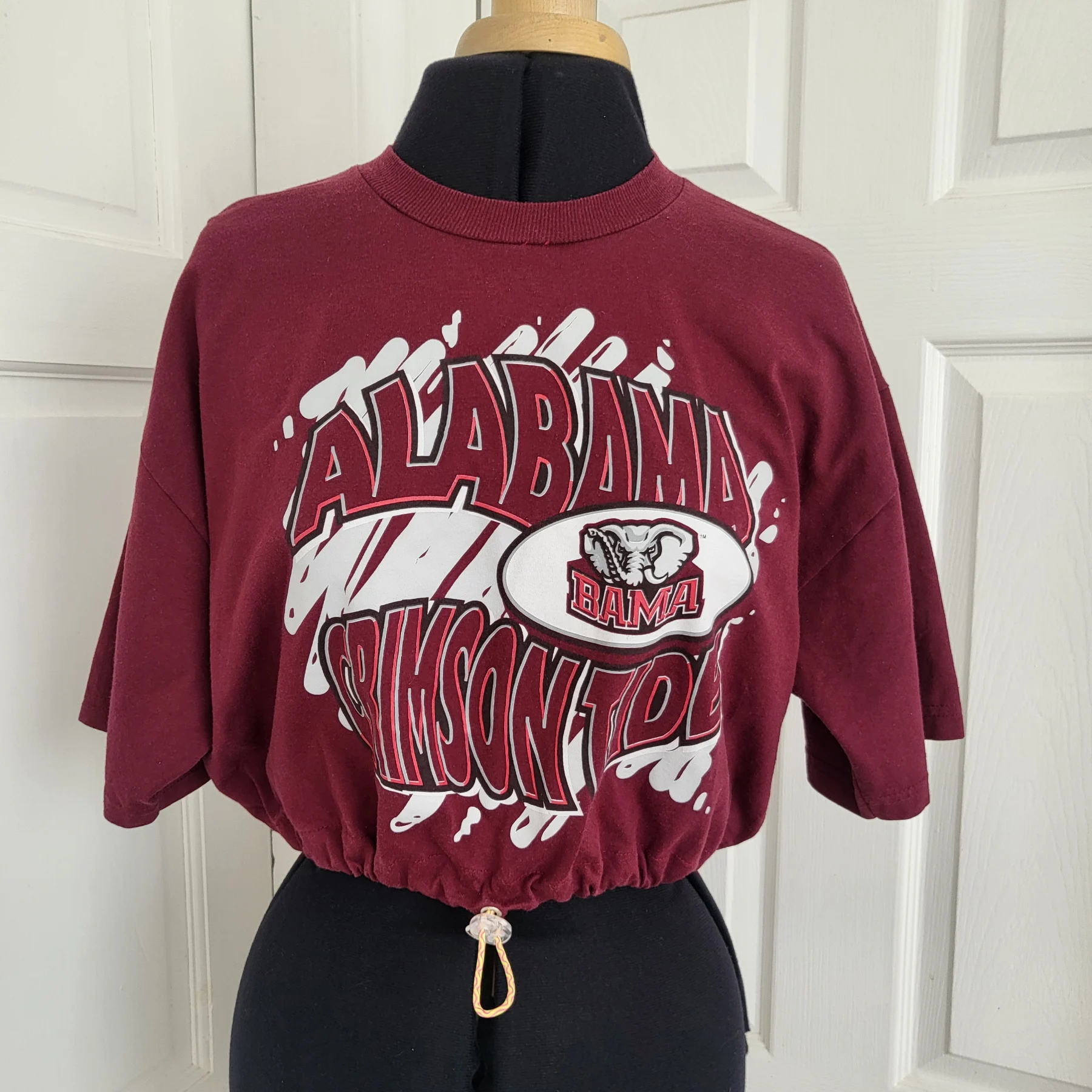 Vintage 90s Jerzees Alabama Crimson Tide Crop Top T-Shirt Drawstring Cinch Hem Maroon