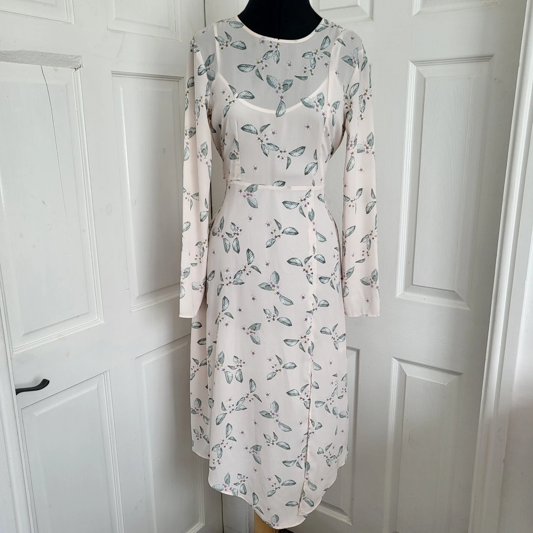 M&S NWT Floral Mesh Long Sleeve Midi Dress & Cami Slip Set UK 8 Pink Porcelain