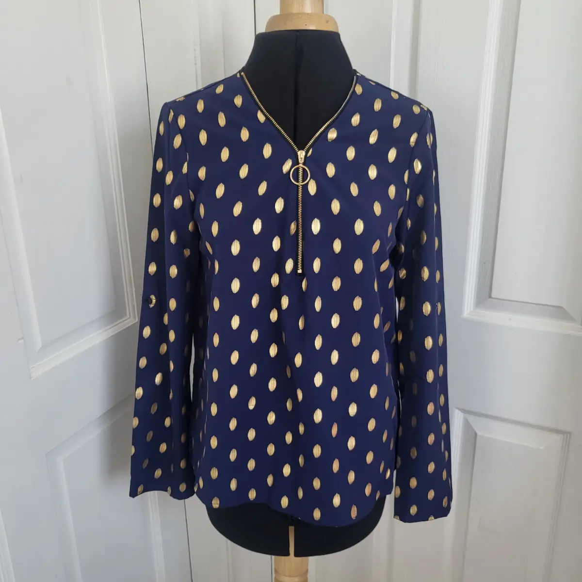 Shein Navy Blue And Gold Foil Rainbow Drop Long Sleeve Top Size Small