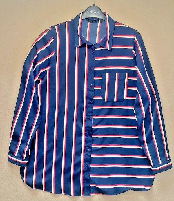 New Look Navy & Red Mixed Stripe Button Up Blouse Size 14
