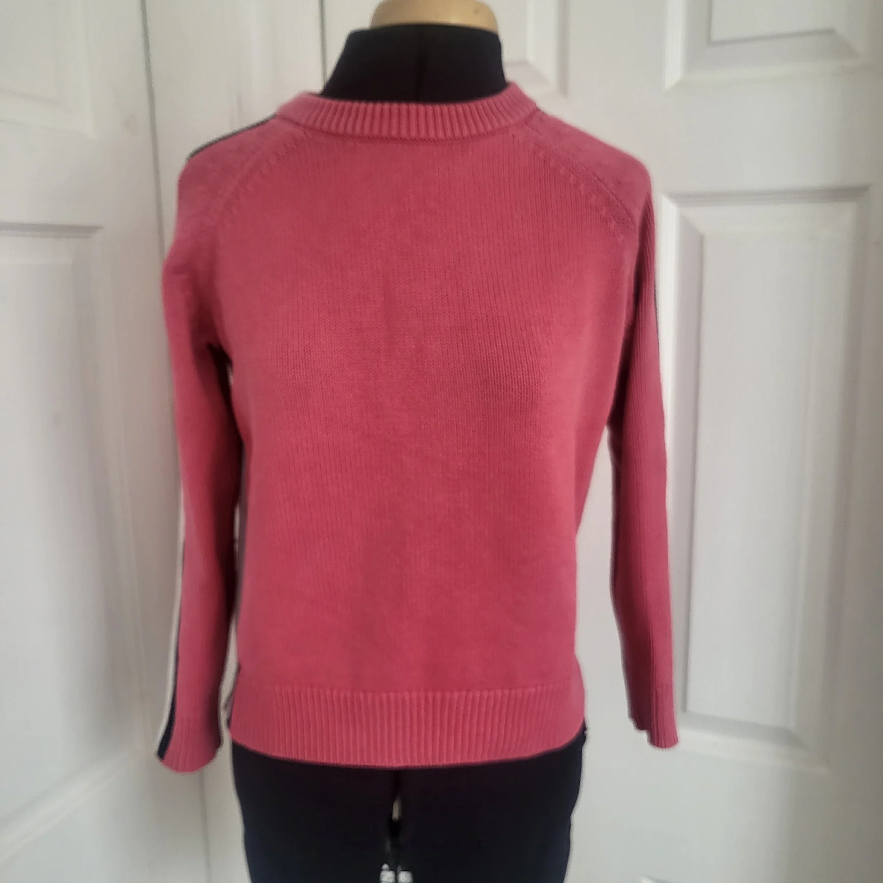 M&S Pink Cotton Jumper Side Stripe Sleeve Crew Neck Knit Top UK XS