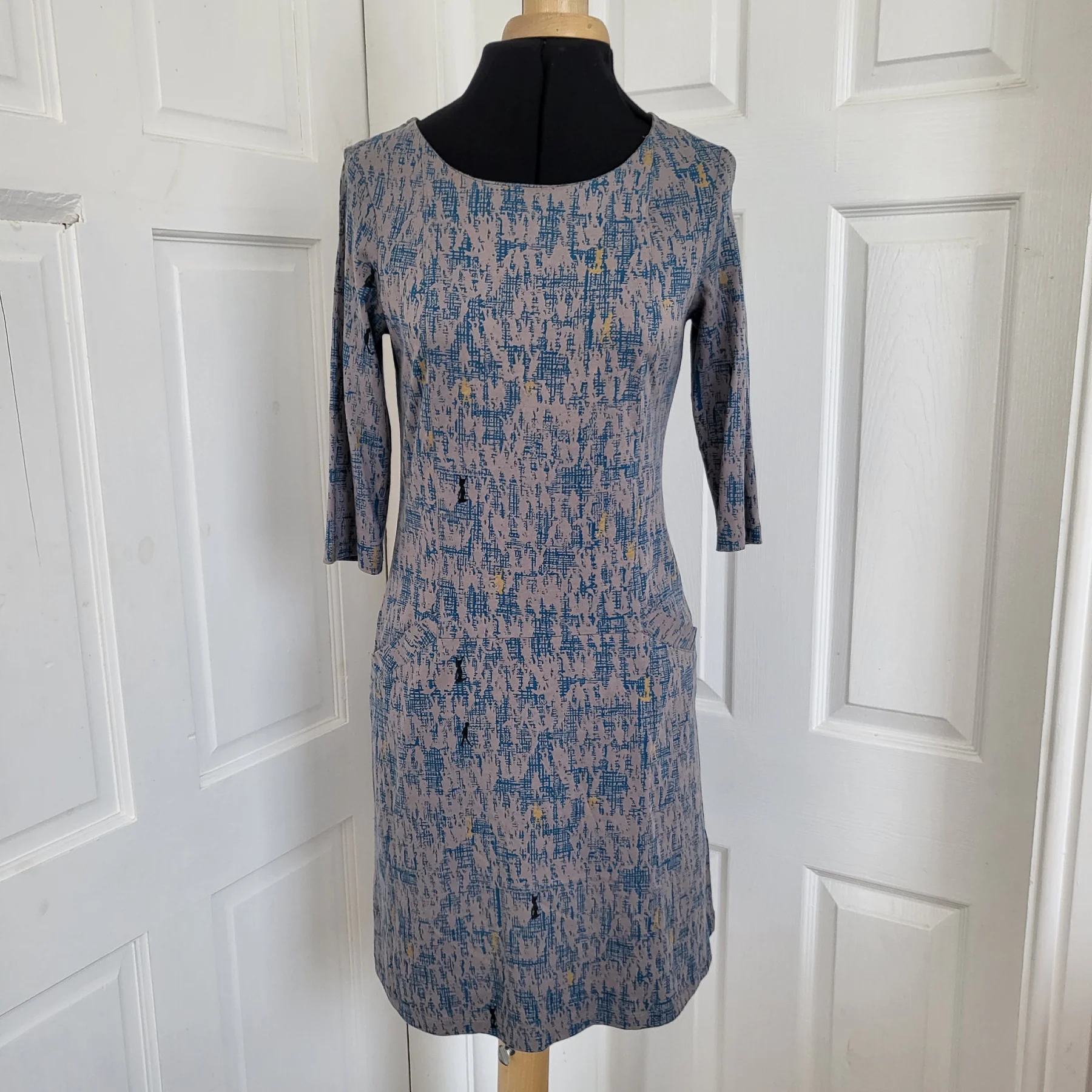 White Stuff  Grey People Print  Dress 3/4 Sleeve  100%Cotton Pockets Size Small
