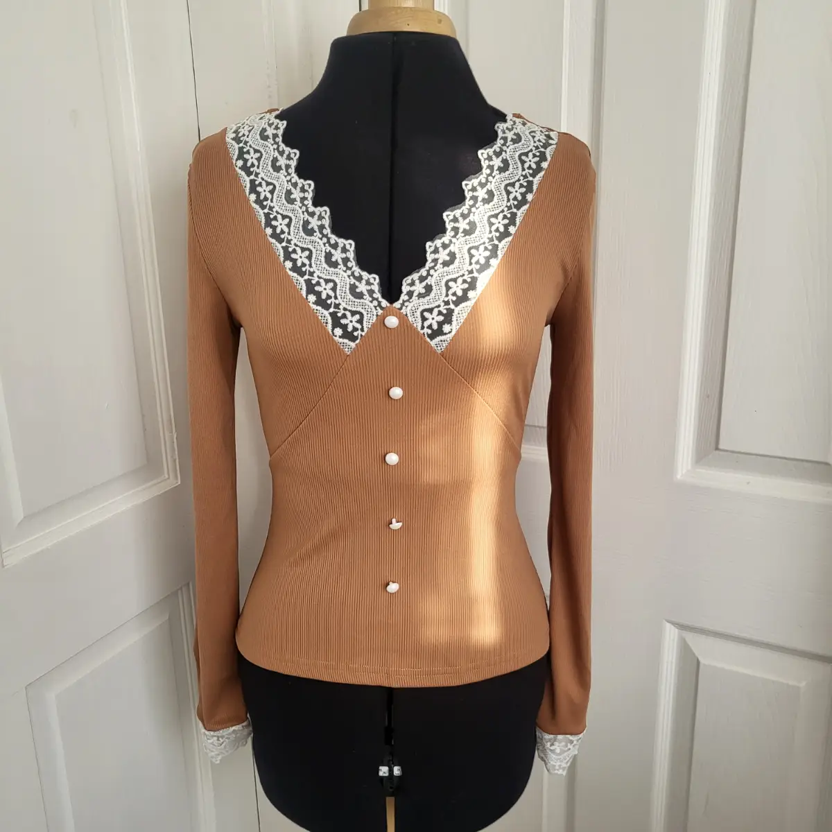 Shein Tan Coquette Lace Trim Long Sleeve Top Size Small