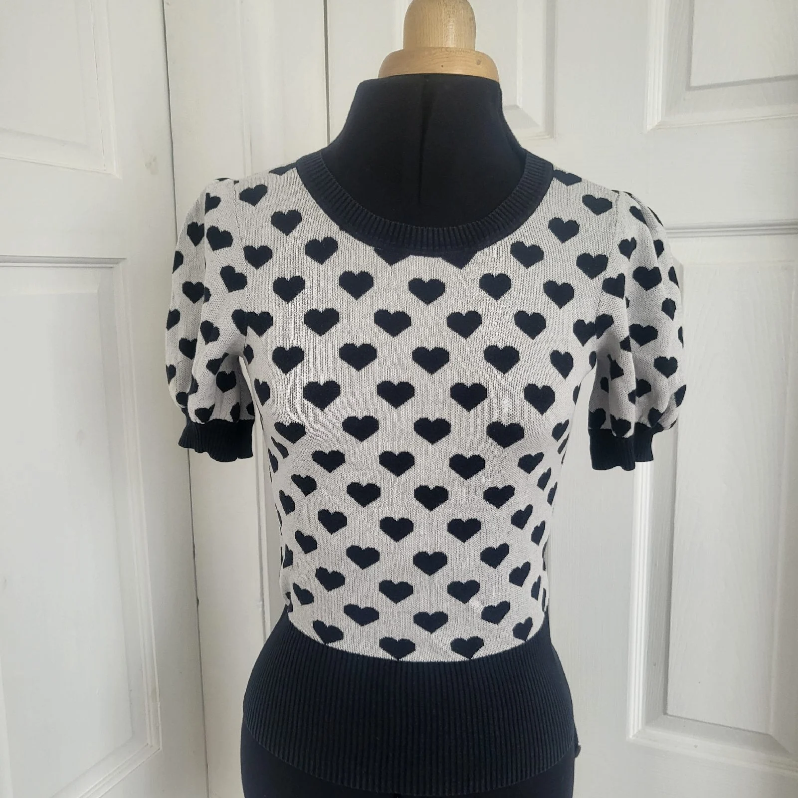French Connection 100% Cotton Heart Print Short Sleeve Crop Jumper Size XS