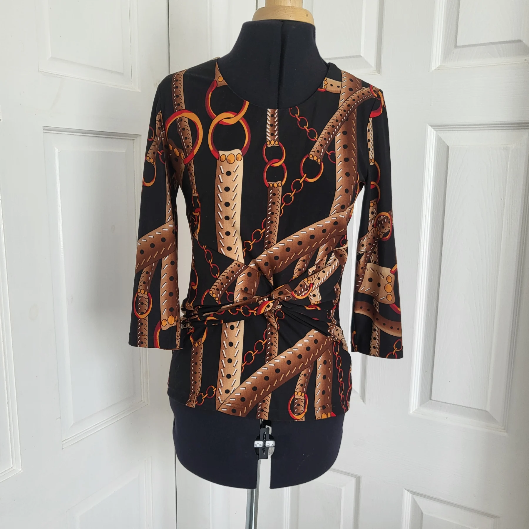 Simon Jeffrey Chain Belt Print Top Twist Front 3/4 Sleeve Black Gold Size UK 10