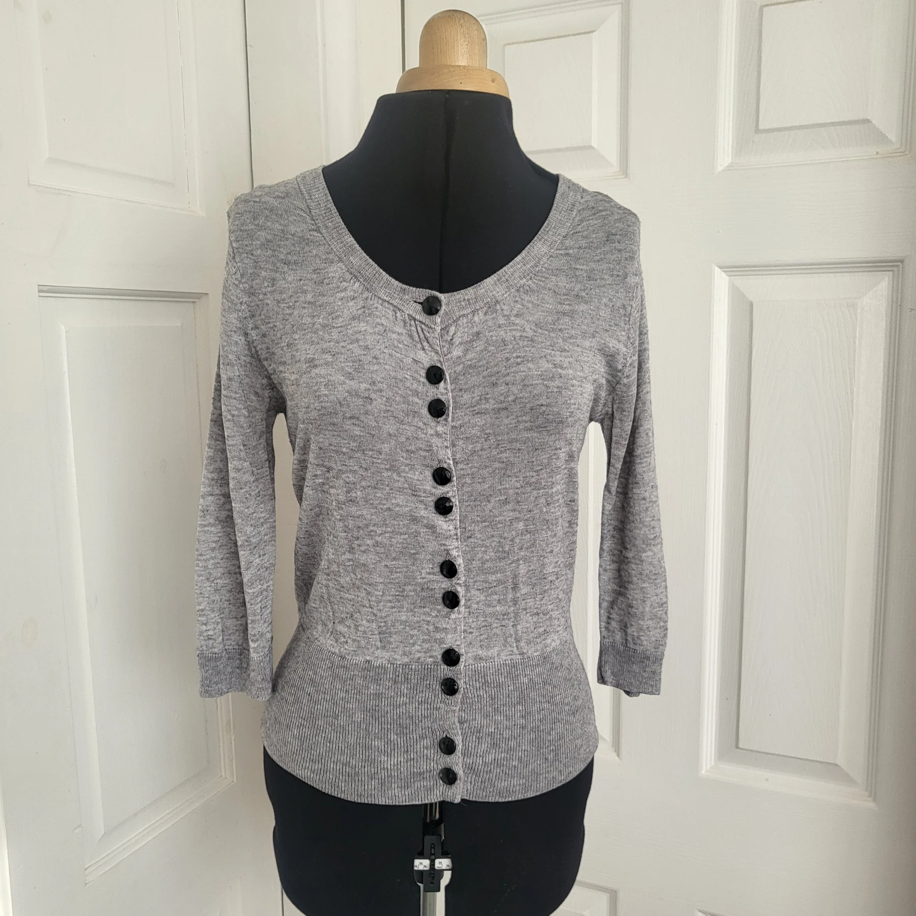 French Connection Grey Knit Cardigan Button Front 3/4 Sleeve Size 10
