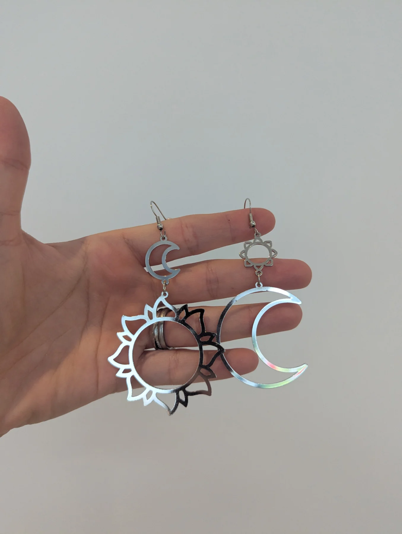 Large metal cut out celestial sun moon dangle earrings