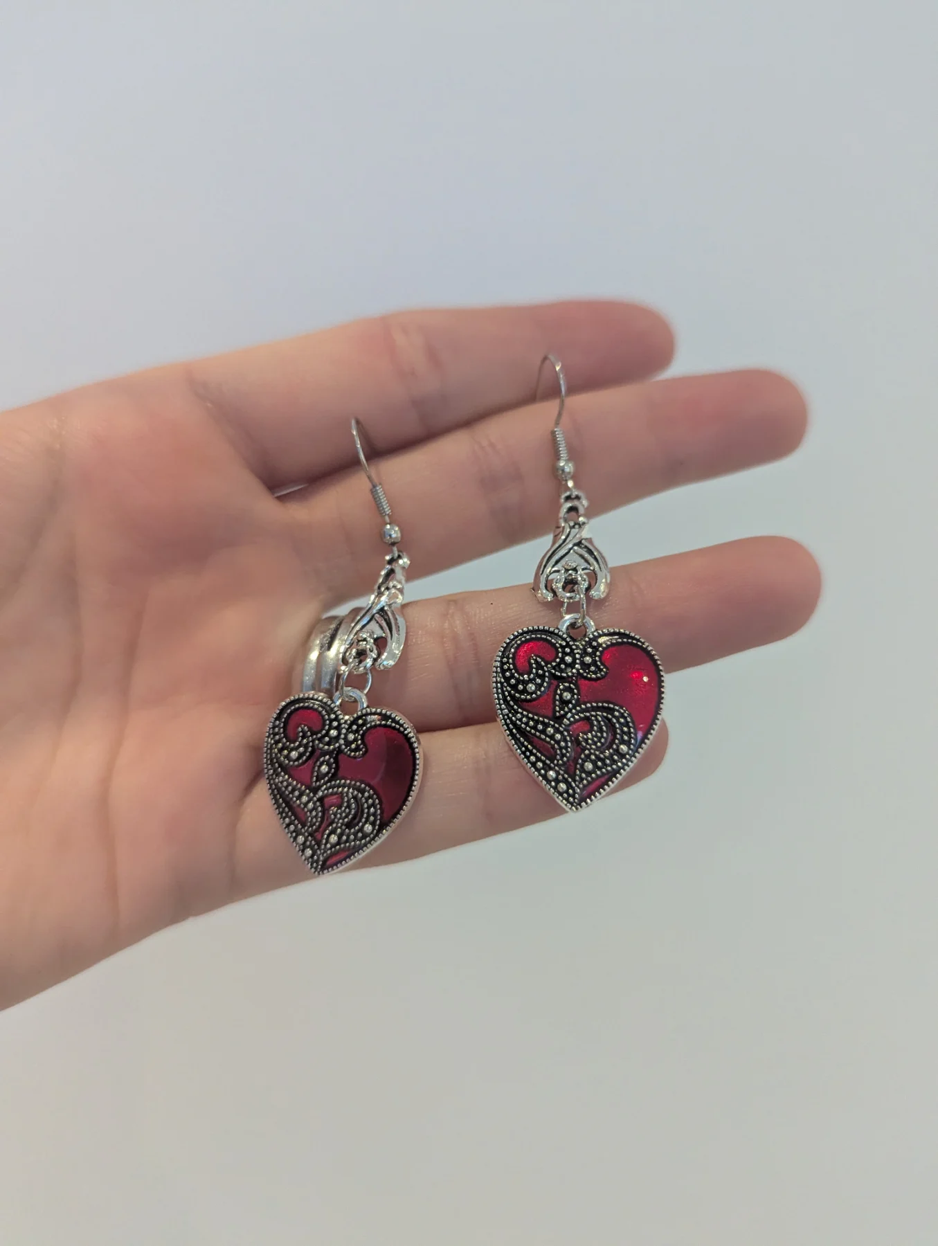 Alternative style red heart dangle earrings