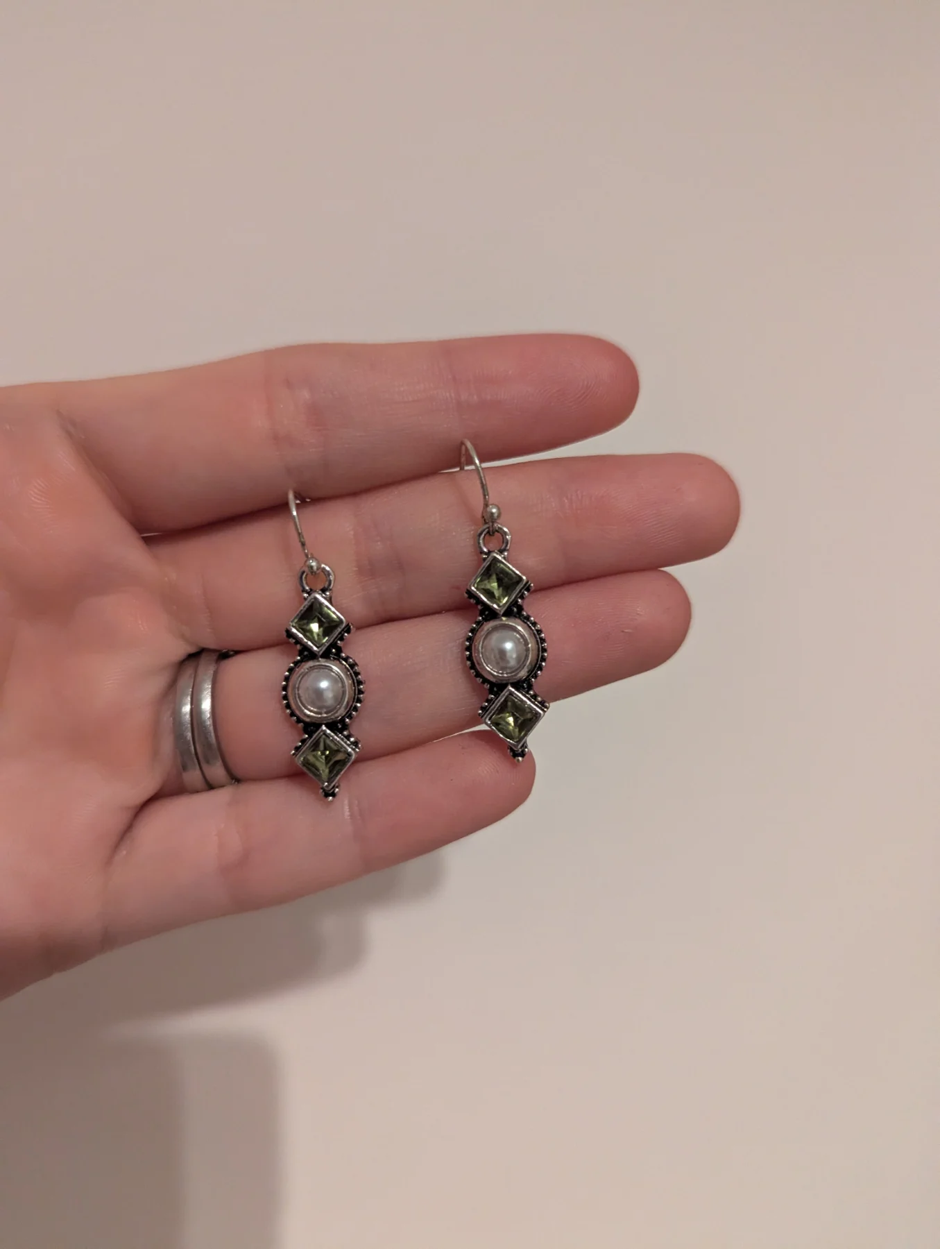 Vintage style green and white dangle earrings