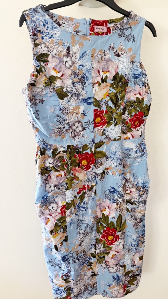 Phase Eight Floral Midi Dress UK 12 Light Blue Red Rose Print Fit & Flare Cotton Blend