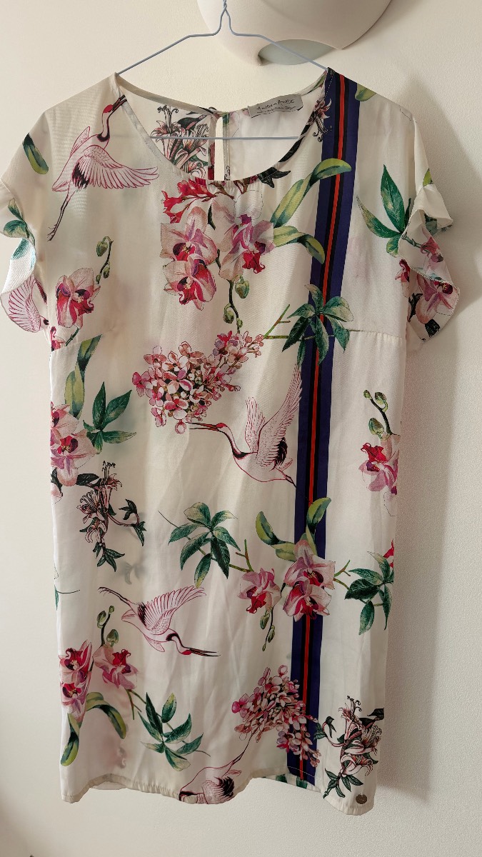Amélie & Amélie Cream Crane & Floral Print Shift Dress | Made in Italy Relaxed Fit UK 12‑14