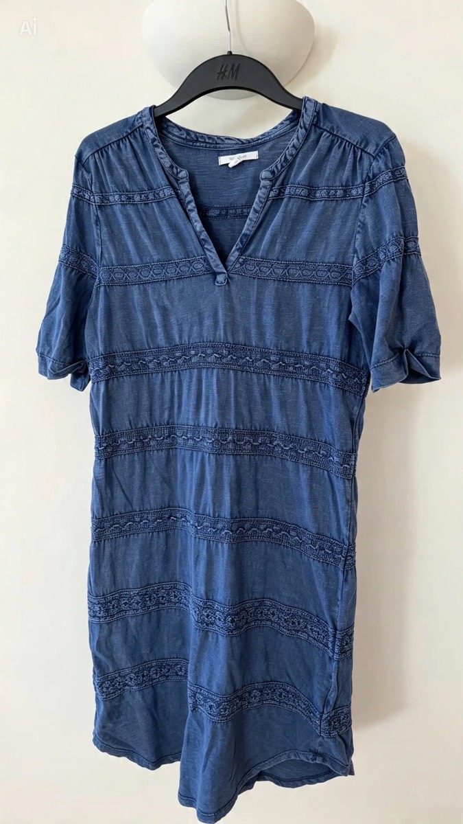 White Stuff Denim Blue Cotton Dress UK 12 Embroidered Lace Short Sleeve Smock