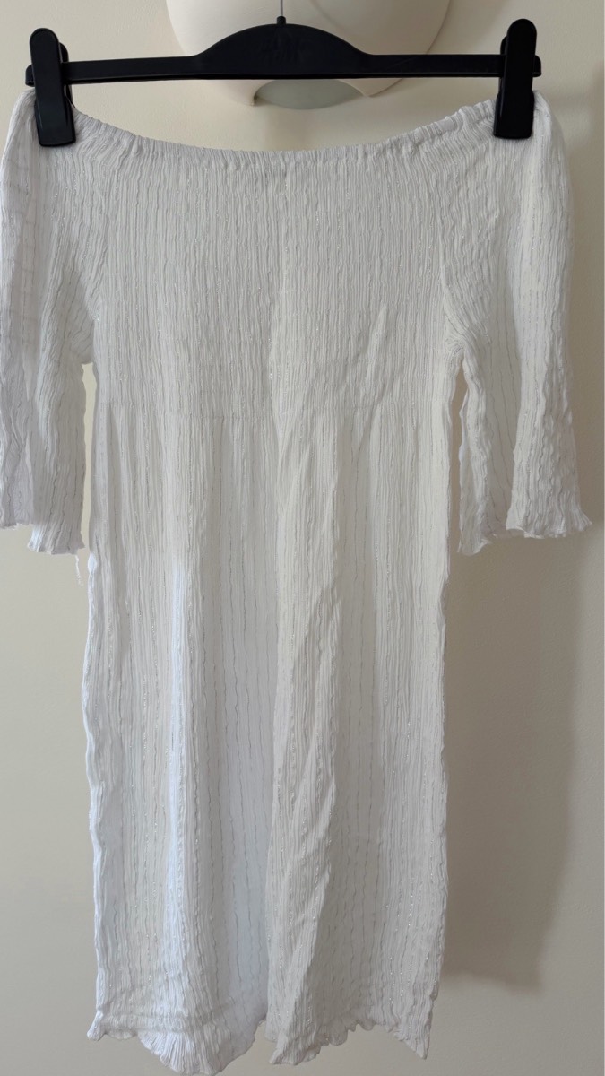 Leana Mode White Bardot Midi Dress 100% Cotton Silver Lurex Stripe Off Shoulder UK 8–10