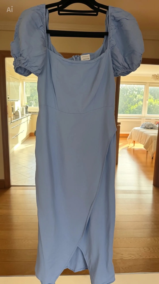 & Other Stories Light Blue Linen Blend Midi Dress | Square Neck Puff Sleeve Wrap Skirt | Size EU 36