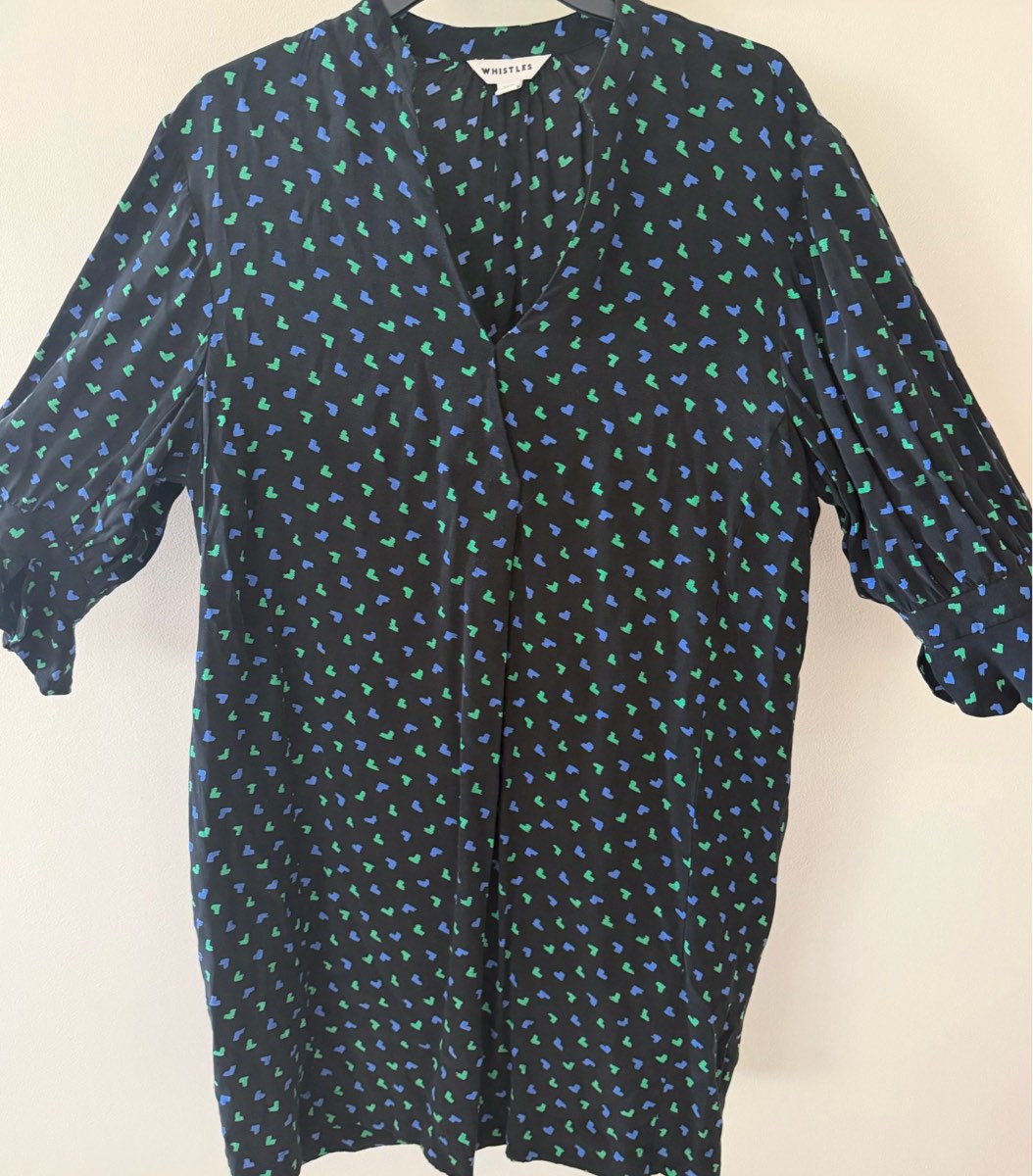 Whistles Midi Dress Size M UK 12 Black Blue Green Abstract Print V-Neck Long Sleeve