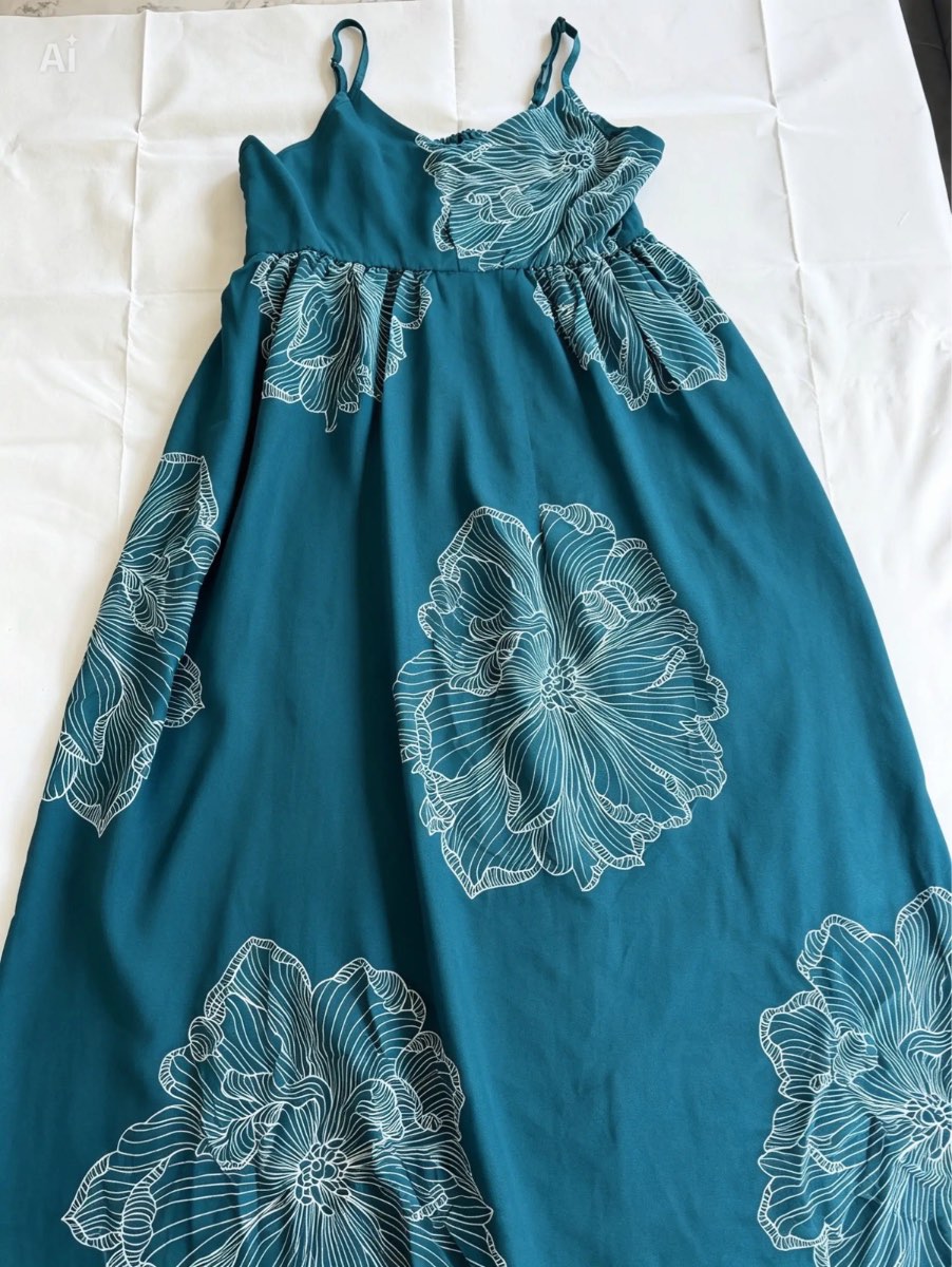 Teal White Floral Strappy Maxi Dress Size 12 Cotton Blend Elastic Back Stretch Summer Dress