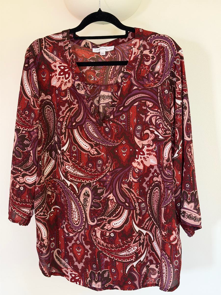 Paisley Print Blouse Size 5XL Burgundy Red Purple 3/4 Sleeve Loose Fit