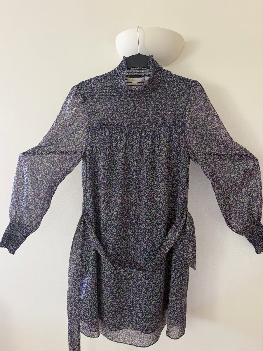 Boden Ditsy Floral Midi Dress UK 10 Navy Blue Smocked High Neck Long Sleeve Tie Waist