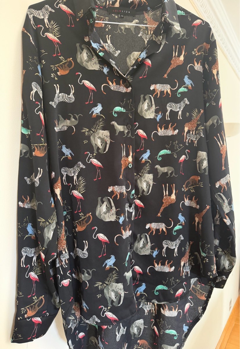 Lola Liza Safari Animal Print Shirt Size 38 UK 10 Black Giraffe Zebra Flamingo Blouse