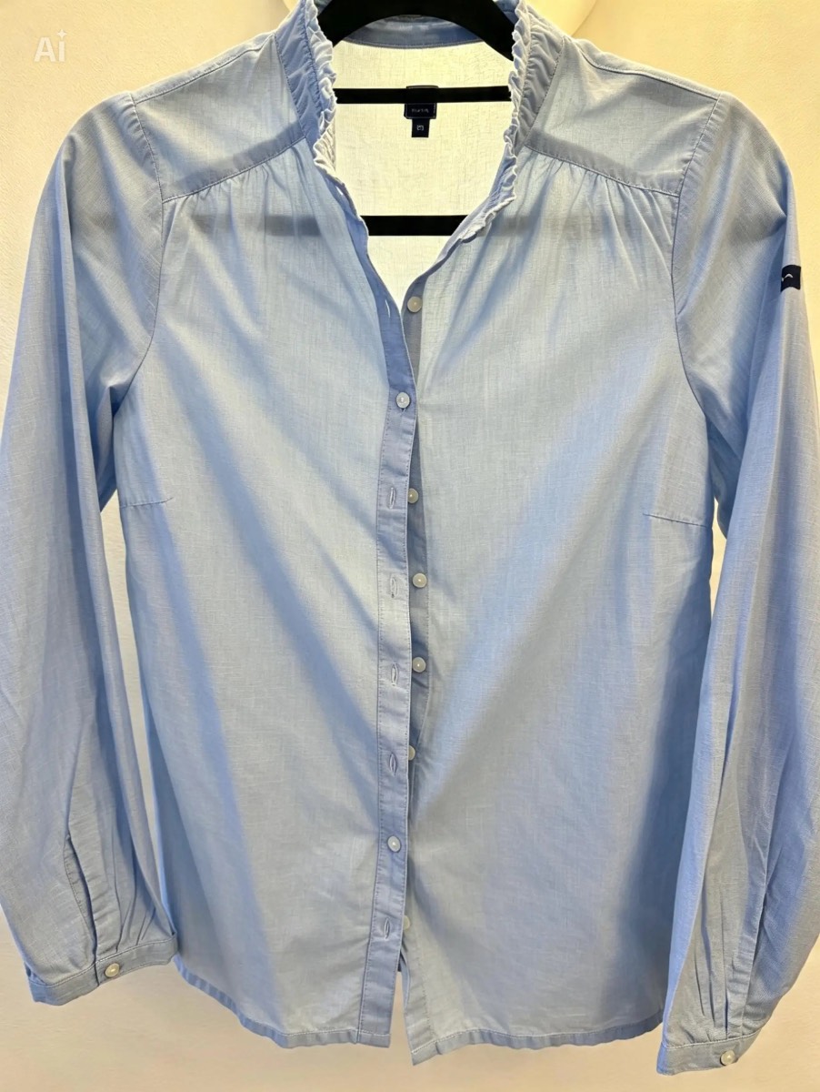Terre de Marins Light Blue Cotton Shirt UK 10 / EU 38 | Ruffle Frill Collar Long Sleeve Button‑Up Bl