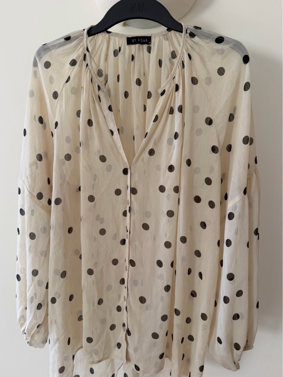 Et Vous Cream Black Polka Dot Blouse UK 18 Button Up Long Sleeve Crinkle Chiffon Top