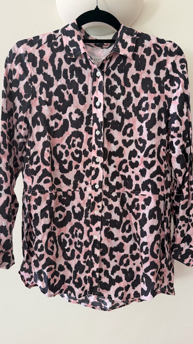 Trenery Pink Black Leopard Print Longline Shirt Size XS | 100% Modal Soft Button‑Up Tunic