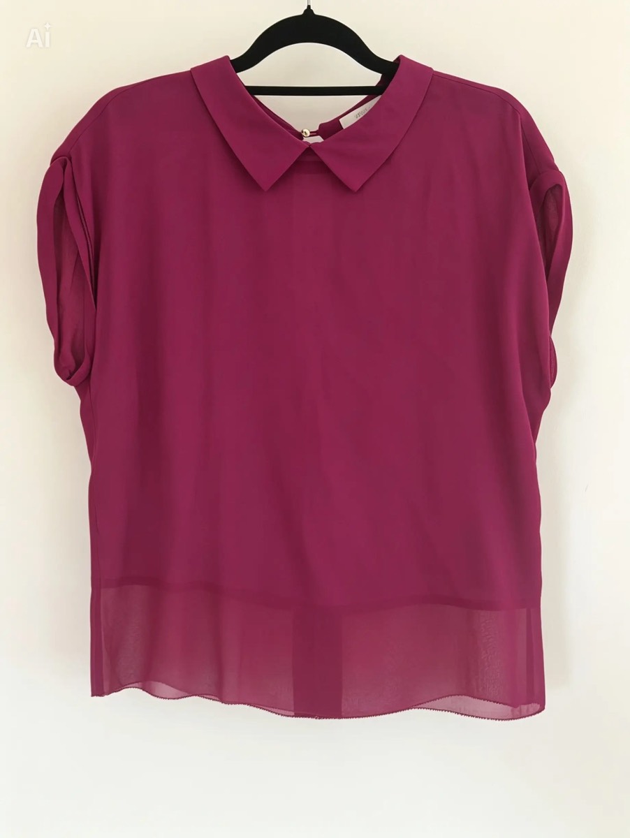 Wishbone Magenta Collared Blouse UK 12 | Sheer Hem | Keyhole Back | Smart Office Top