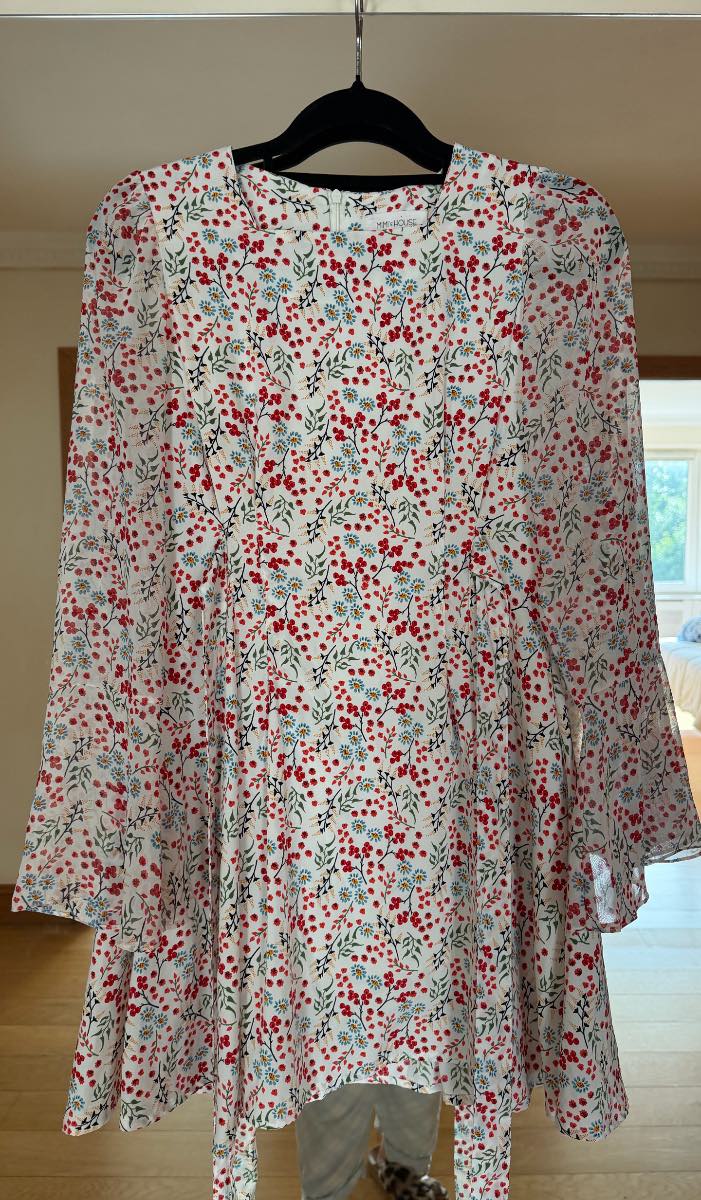Mimi’s House Ditsy Floral Mini Dress | Long Sleeve Square Neck | Cream Red Summer Dress Size S / UK