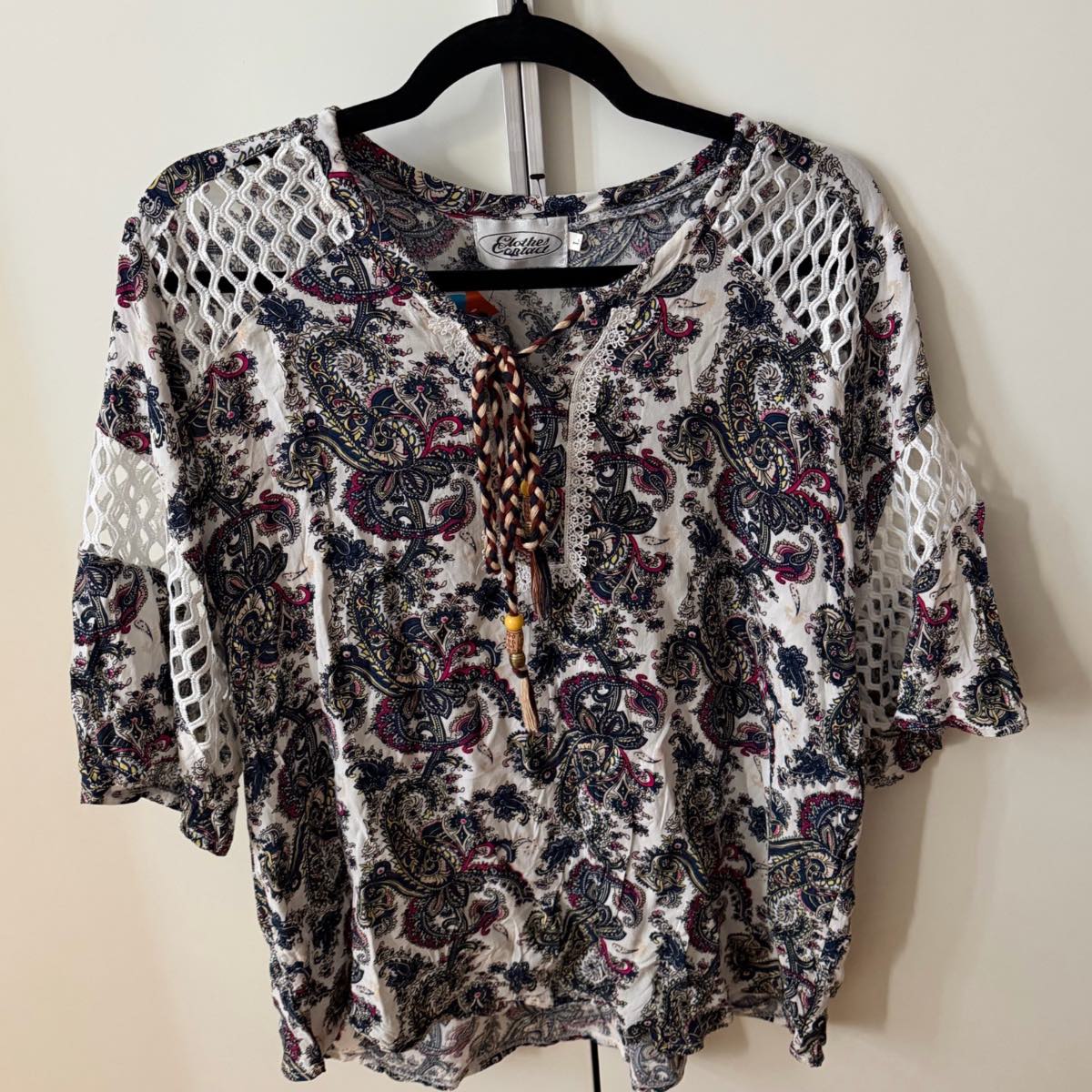 Vintage Clothes Contact Paisley Boho Blouse Size L | 100% Viscose Lace Detail Top