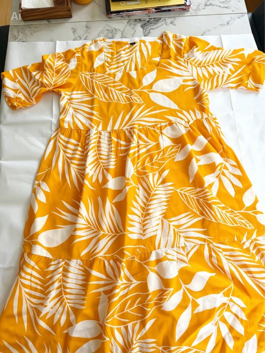 Brand New Yellow White Tropical Leaf Print Maxi Dress UK 12–14 Square Neck Puff Sleeve