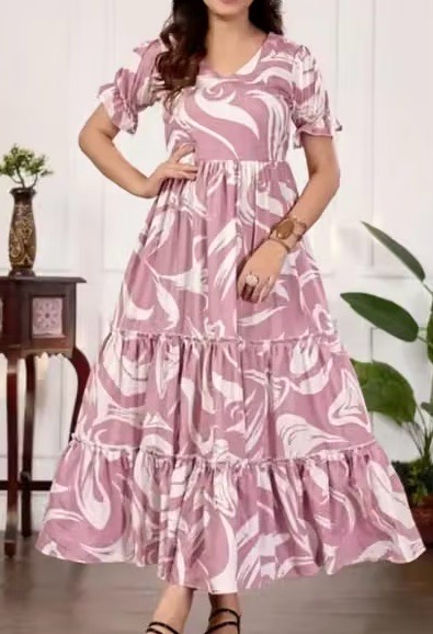 Brand New Dusky Pink White Abstract Tiered Maxi Dress XL UK 16–18 Puff Sleeve Tie Waist