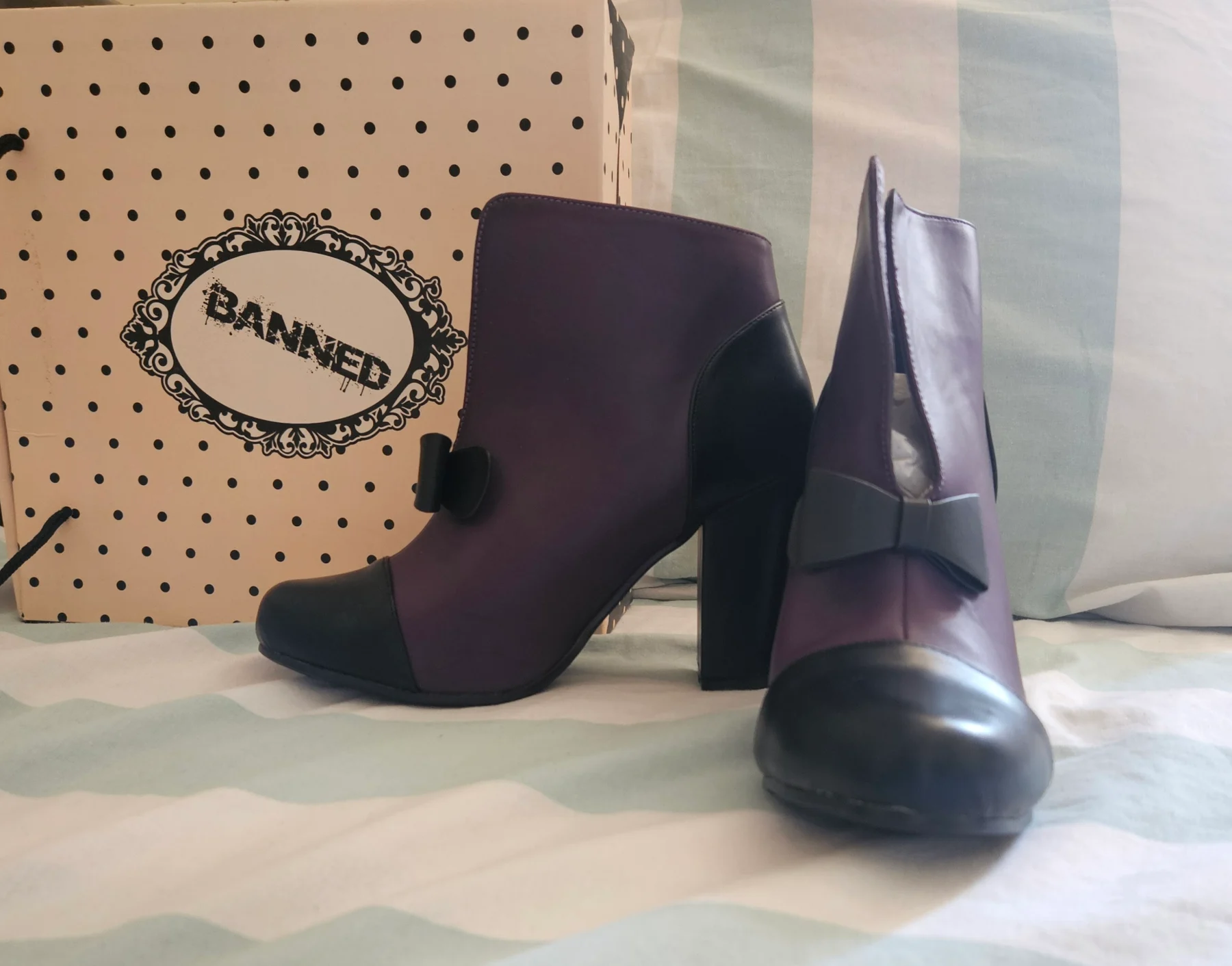 Banned Apparel Purple & Black Bow High Heel Ankle Boots - Size UK 6 / EU 39 (BNIB)