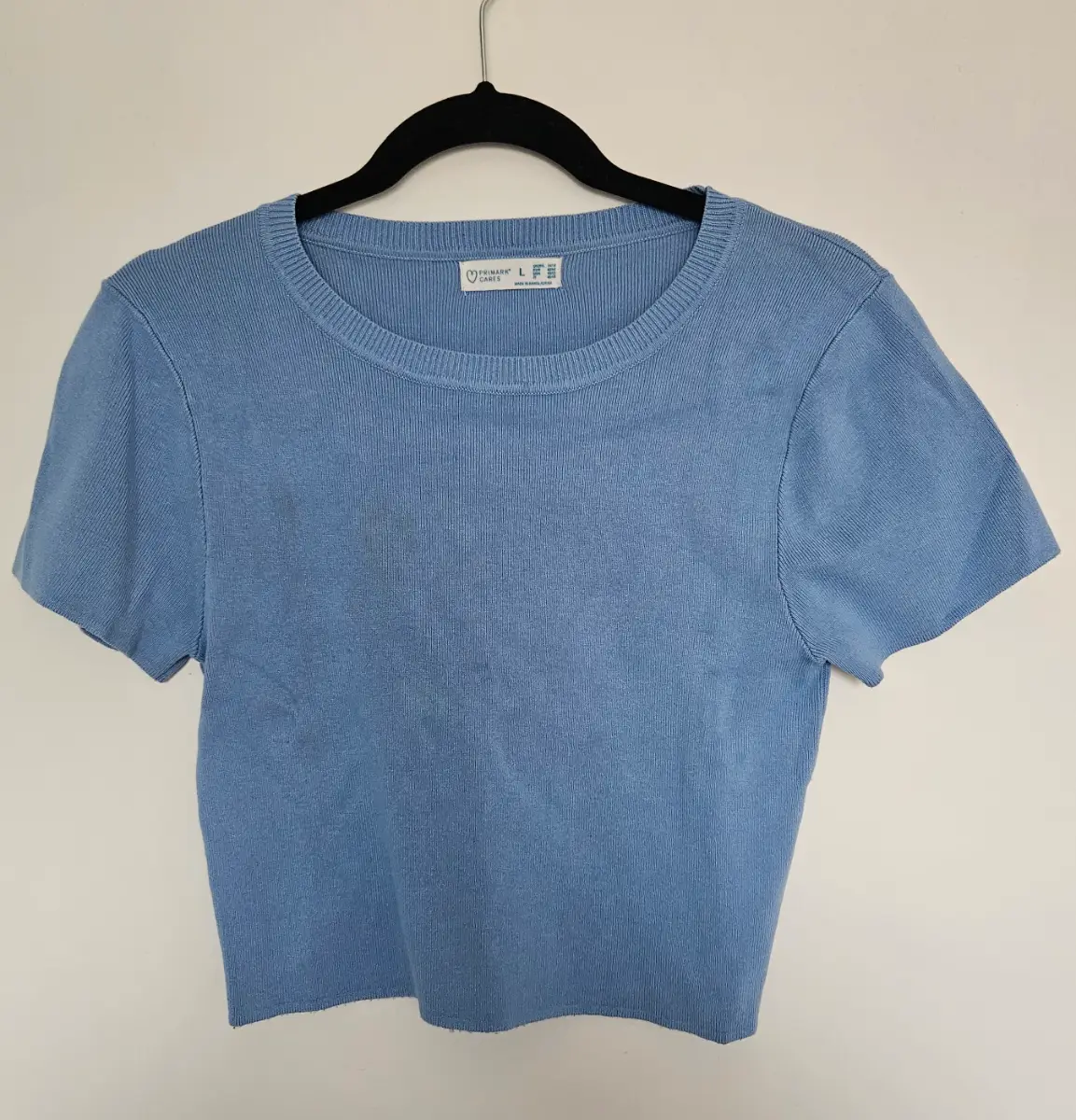 Primark Cornflower Pastel Blue Fine Knit Short Sleeve Crop Top Size L UK 14 16