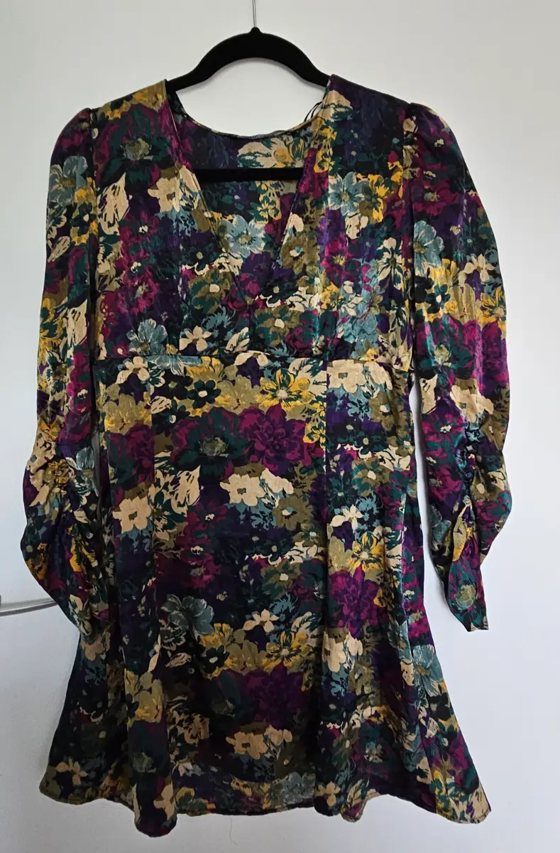 ZARA Jewel Tone Floral Ruched Sleeve V-Neck Mini Tea Dress Size M (UK 10/12)