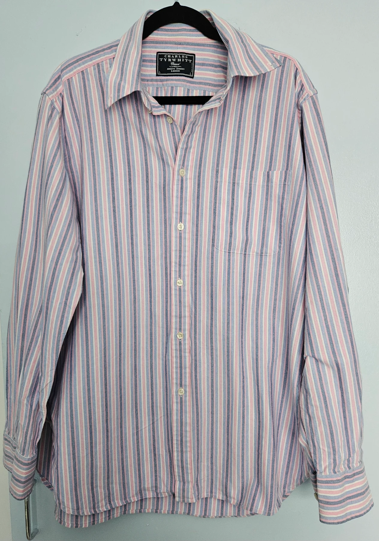 Charles Tyrwhitt Mens Large L Casual Shirt Pink Blue White Stripe 100% Cotton