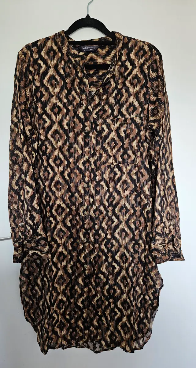 M&S Collection Brown Geometric Ikat Print Longline Shirt Dress Tunic Size 10